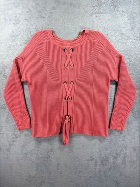 Pink Knit Sweater with Lace-Up Front Detail